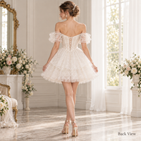 Robe mini pour femme en tulle à sequins, épaules dénudées, manches bouffantes, corsage corset, volants superposés, marque privée