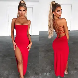 Özel moda seksi parti giyim spagetti kayışı yüksek yarık elbise backless lace up stil maxi abiye