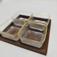 Plat à bonbons carré en verre rayé avec bord doré et support en bois de bambou, bol à fruits pour rangement de cuisine, décoration intérieure, centre de table OEM