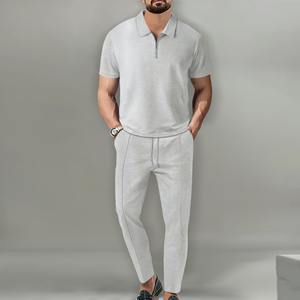 Logo personalizzato uomo Casual Street Wear mezza Zip <span class=keywords><strong>Polo</strong></span> <span class=keywords><strong>pantaloni</strong></span> lunghi due pezzi set da uomo estate Waffle 2 pezzi - Product Image 2