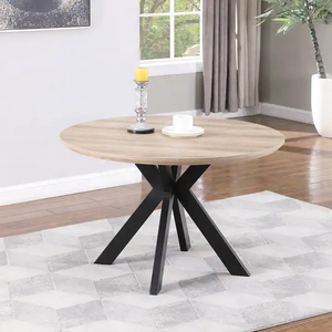 Tavolo da pranzo rotondo KVJ-8409 con base in metallo francese resistente, gambe in ferro e piano in <span class=keywords><strong>parquet</strong></span> di <span class=keywords><strong>rovere</strong></span> <span class=keywords><strong>bianco</strong></span> sbiancato. - Product Image 6