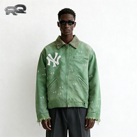 Veste polaire vintage délavée et vieillie pour homme, coupe oversize, imprimée avec lettres en relief, col rabattable, fermeture éclair, service OEM