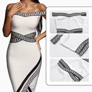 Frauen weiß und schwarz schulter frei Rayon Midi weiß Cocktail kleider Bodycon Kleid Bandage