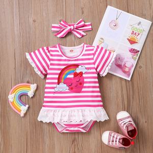 2021 Summer Baby Bodysuit 2 Pcs <strong>Lace</strong> Striped Love Rainbow Short Sleeve Baby <strong>Rompers</strong>+bow Headband Casual Sweet Baby Clothes 0-18M - Product Image 4