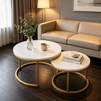 Ensemble de tables basses gigognes modernes, plateau blanc mat, structure en métal doré, 2 pièces, pour salon, appartement, chambre à coucher