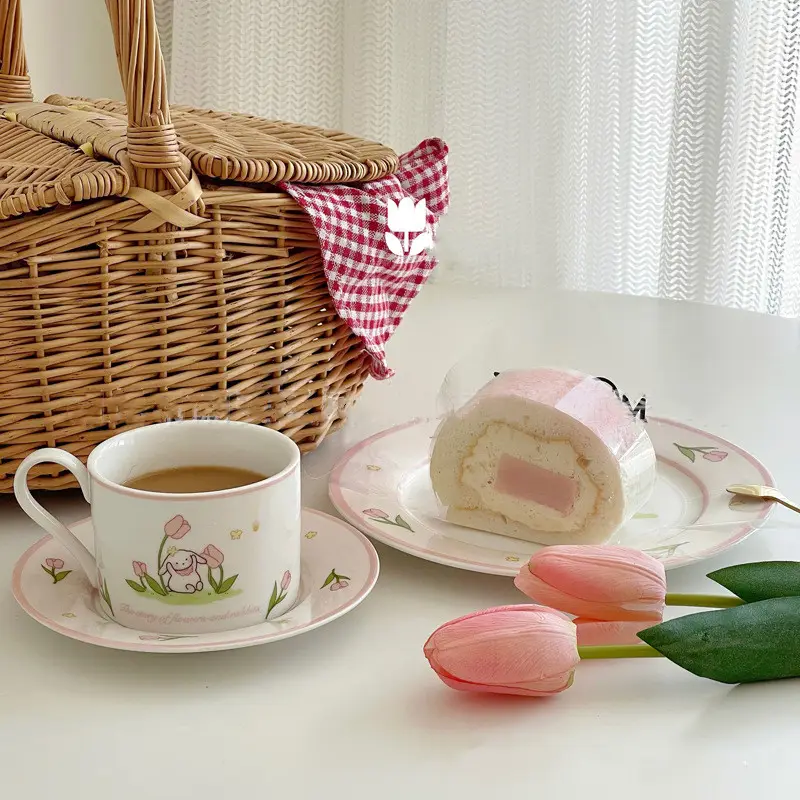 Комплект кружек Solhui с розовым тюльпаном и кроликом, Корейская керамическая кофейная чашка и блюдце в Корейском стиле, чашки для послеобеденного чая