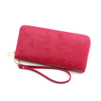JF2015 Yiwu Fabriek Online Groothandel Lange Stijl Reliëf Bloemen Credit Card Meisje Portemonnee Met Polsband