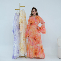 Nouvelle Robe Islamique 2026 pour Femmes Musulmanes, Manches Longues, Col Rond, en Chiffon Imprimé Fleurs, Robe Modeste d'Été pour Femmes Musulmanes