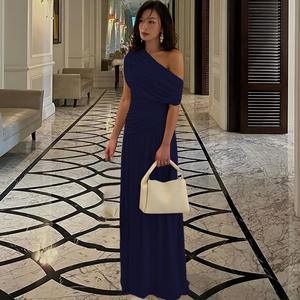Elegante señoras un hombro Color sólido vestido irregular moda mujer ropa chica Casual largo Maxi vestidos - Product Image 6