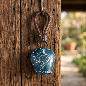 Campana Metálica Hecha a Mano para Colgar en la Pared, Decoración Azul con Patrón Blanco, Estilo Tradicional, Decoración Navideña para Interiores - Product Image 5