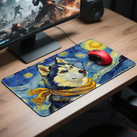 Tapis de Souris Artistique Grand Format en Tissu avec Surface Caoutchoutée, Motif Dessin Animé Husky Sibérien, Série Esthétique, Peinture à l'Huile, pour Bureau