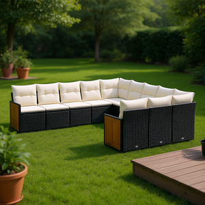 Ensemble de canapés de jardin en rotin d'extérieur avec panneau en teck, capacité de 10+ places, design contemporain, cadre noir, coussins crème - Product Image 2