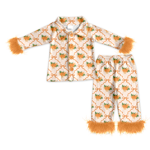 Conjuntos de Ropa Casual de Otoño para Niñas con Lazos de Calabaza y Plumas, Pijamas, Conjuntos a Juego para Hermanas, Venta al por Mayor para Boutiques - Product Image 4