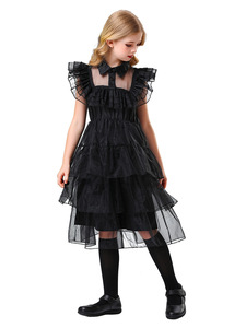 Vestido Gótico Oscuro de Princesa para Niñas con Falda Escalonada y Cuello de Tul, <span class=keywords><strong>Disfraz</strong></span> <span class=keywords><strong>Infantil</strong></span> para Halloween y Fiestas Temáticas - Product Image 3