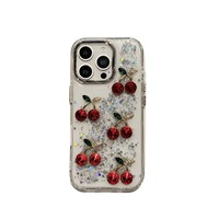 Nouvelle coque de téléphone de luxe ZL285 avec strass cerise pour iPhone 17 Pro, 15 Pro Max, double cœur de 14 cm, pour femme de 13 cm, 12 cm