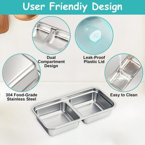 Boîtes à lunch portables en acier inoxydable 304 à 2 compartiments, boîtes de rangement pour aliments, boîtes bento divisées, boîte à repas pour la préparation des repas avec couvercles - Product Image 3