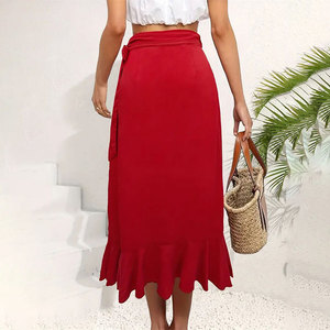Faldas Para Mujer con cinturón y ribete de volantes Para Mujer, falda <span class=keywords><strong>Midi</strong></span> ajustada de Color rojo elegante para Mujer de verano - Product Image 3