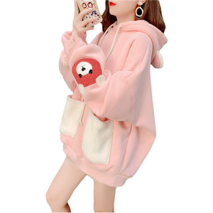 <b>Pink</b> Women's Oversized Hoodie With Cartoon Applique Pockets Long Sleeve Fleece <b>Sweatshirt</b> Autumn Wear - Product Image 1