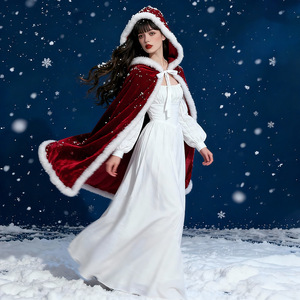 Cape de Père Noël en velours rouge à capuche avec bordure en fourrure blanche, style long, veste d'hiver pour femme adulte, rembourrée en polyester - Product Image 1