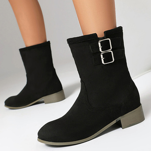 Bottines à talons carrés bas pour femme, grande taille 48, bout rond, avec boucles sur le dessus, coupe large, en daim - Product Image 3