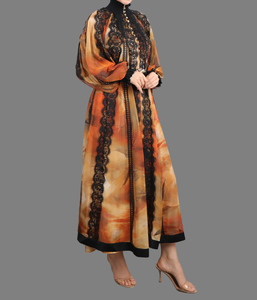 Vestido Abaya Musulmán Modesto <span class=keywords><strong>con</strong></span> Estampado Degradado, <span class=keywords><strong>Encaje</strong></span> <span class=keywords><strong>y</strong></span> Chifón, Vestido Largo Maxi <span class=keywords><strong>con</strong></span> Cinturón <span class=keywords><strong>y</strong></span> Mangas Abullonadas, Traje de Noche para Fiesta de Eid para Mujer - Product Image 4