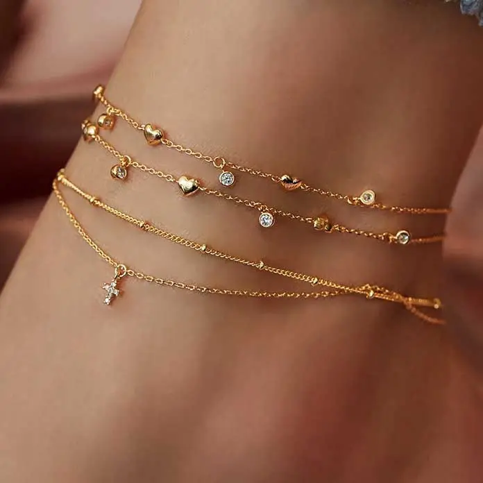 Thiết Kế Mới Tùy Chỉnh Mạ Vàng Chữ Thập Rhinestone Trái Tim Cổ Điển Đa 4 Lớp Phụ Nữ Chân Vòng Đeo Tay Chéo Chân Vòng Chân