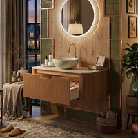 Set Meja Rias Kamar Mandi Kayu Ramah Lingkungan Modern dengan Kabinet Cermin, Cermin LED Terang, Wastafel Keramik Tempel Dinding, Karet Tahan Lama