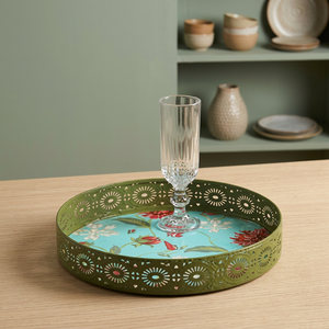 Plateau de service décoratif à motifs floraux vert avec centre turquoise, usage résidentiel - Product Image 4