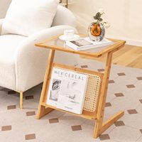 Table console en rotin en forme de Z, étagère de rangement, table basse en bambou tissé pour salon, chambre à coucher, table de chevet, plateau en verre, table d'appoint