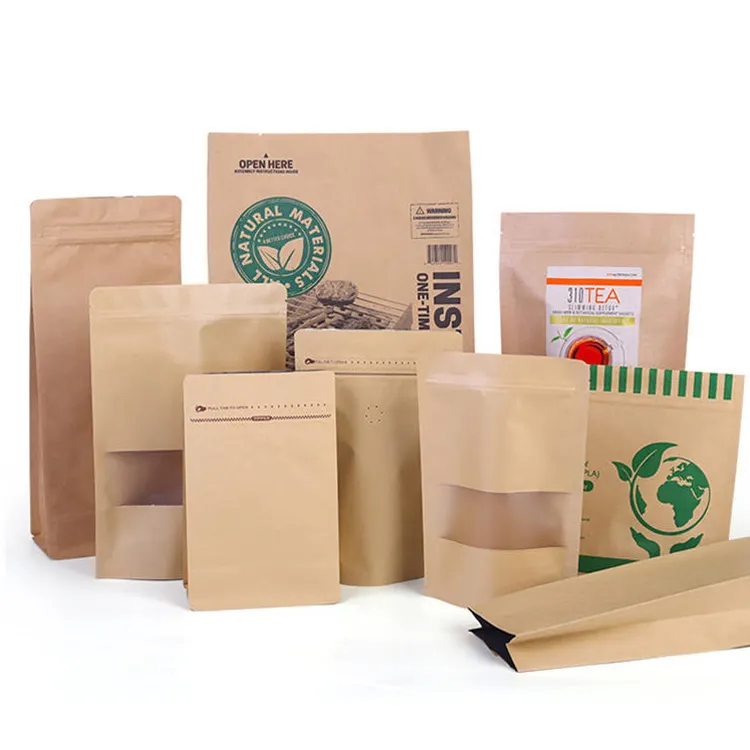 Impresión de logotipo reciclable Resellable Grado alimenticio Ziplock Doypack Cremallera a prueba de humedad Bolsa de papel Kraft Bolsas de té con muesca de rasgado