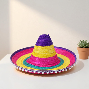 Multicolor Striped Mexican Sombrero <b>Hat</b> Bamboo Straw Fiesta <b>Hat</b> with <b>Pom</b> Poms <b>for</b> Party - Product Image 1