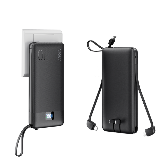Portable 10000mAh Foldable Travel Charger AC Plug Wall Charger with LED Display and Type-C Input Interface Built-in Cable