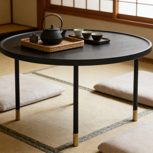 Table basse minimaliste noire mate avec plateau rond, quatre supports métalliques et accents dorés, pour café, studio, bordure foncée, durable - Product Image 3