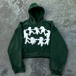 Hoodie personnalisé en gros 100% Coton de luxe, sans cordon, coupe carrée, grammage lourd, oversize, avec impression de lettres et impression en relief, coupe courte - Product Image 3