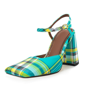 Sandales à talons hauts épais pour femme, grande taille 45, à bout carré, motif écossais, couleurs vives, pour soirée, avec bride à boucle en tissu, coupe large - Product Image 3
