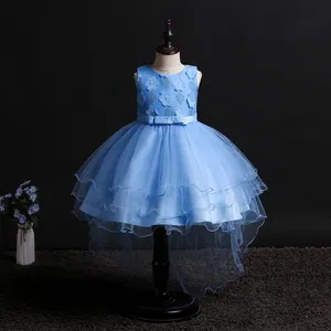 蓝色可爱儿童晚礼服串珠贴花女孩公主裙1-12岁儿童婚纱