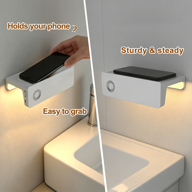 2026 Cordless  for Bedroom Mounted Under Bed Light Motion Sensor Night Light with Phone Holder Shelf Rechargeable Wall Sconce