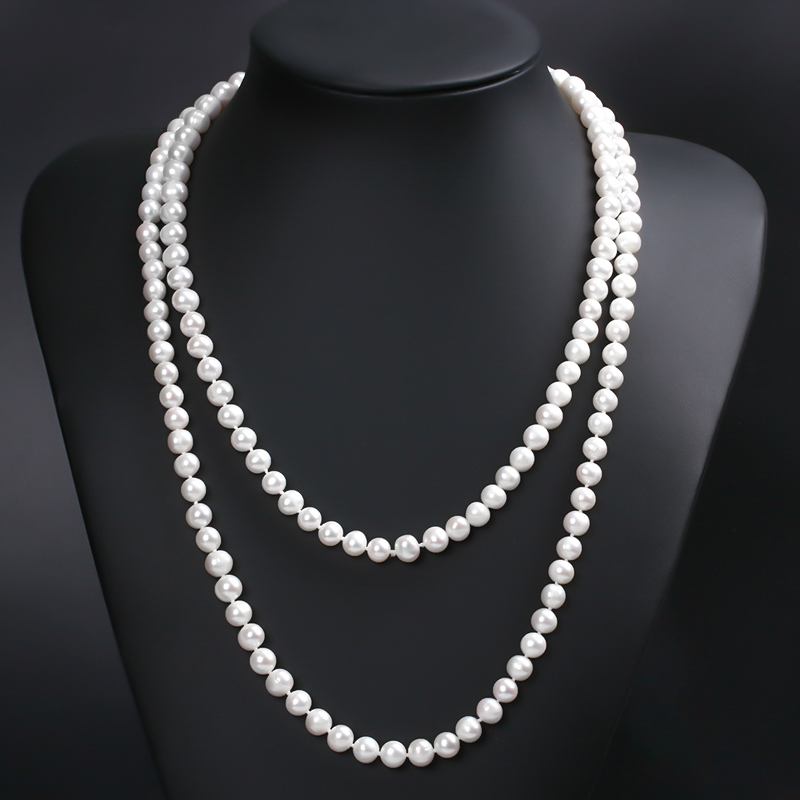 Colar de pérolas certificado de 8mm/120cm, corrente de suéter frisado com esferas para água doce, colar de pérolas grande