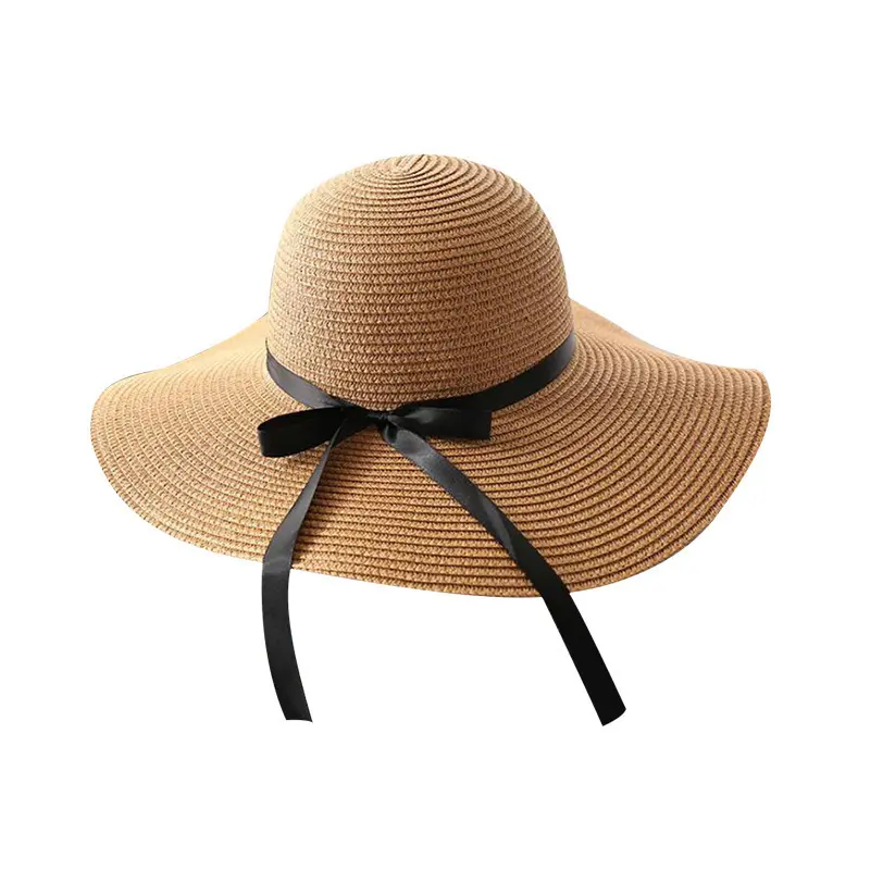 Topi pantai tepi lebar wanita topi matahari musim panas ikatan simpul dapat dilipat topi jerami