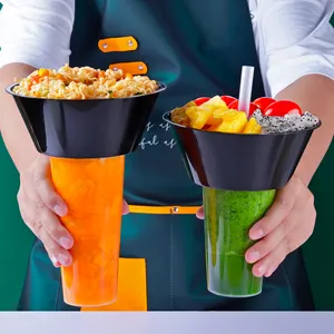 Copo de plástico duro PP personalizado para panela quente e copo Boba leite chá frutas descartáveis 2 em 1 copos para bebidas e lanches