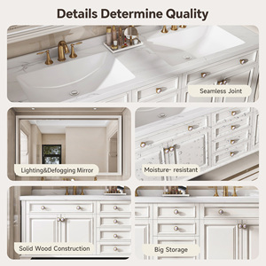 Mueble de <span class=keywords><strong>Baño</strong></span> Estilo Francés <span class=keywords><strong>con</strong></span> Lavabo Doble, Gabinete de Madera Sólida <span class=keywords><strong>y</strong></span> <span class=keywords><strong>Espejo</strong></span> Inteligente <span class=keywords><strong>con</strong></span> Almacenamiento para Baños Modernos - Product Image 4