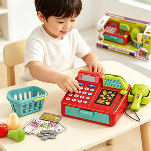 Caisse enregistreuse jouet pour enfants, jeu de simulation de supermarché avec aliments et panier, pour les enfants de 3 ans et plus - Product Image 1
