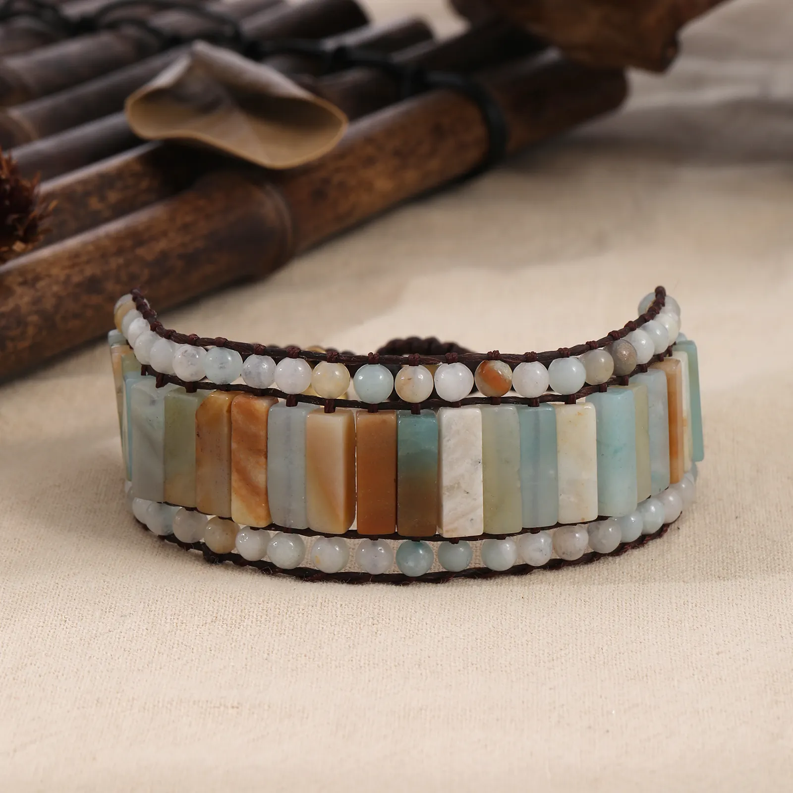 Original Design Bohemian Handmade Gemstone Jewelry Amazon Natural Stone Tube Beads Wrap Wide Bracelet Women Gift