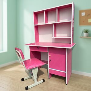 Modern Pink Student Desk with Built-In Bookshelf 1 Seat Dimensions 1.45m X 1.2m X 0.45m - Product Image 2
