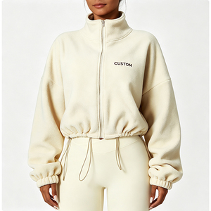 Veste en molleton courte pour <span class=keywords><strong>femme</strong></span>, coupe ample, manches longues, col montant, fermeture éclair, sweat-shirt de sport pour le yoga, la gym, l'entraînement et les tenues décontractées - Product Image 3