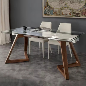 Ensemble <span class=keywords><strong>de</strong></span> <span class=keywords><strong>table</strong></span> à <span class=keywords><strong>manger</strong></span> extensible au design moderne contemporain, style mi-siècle, <span class=keywords><strong>en</strong></span> bois <span class=keywords><strong>de</strong></span> noyer brun, avec plateau <span class=keywords><strong>en</strong></span> <span class=keywords><strong>verre</strong></span> trempé extra clair - Product Image 2