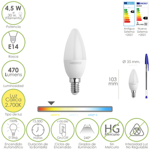 Lampadina LED a Candela E14 Avvitabile 4,5 Watt. Equivalente a 35 Watt. 470 Lumen. Bianco caldo (2700K) - Product Image 1