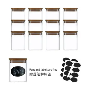 批发12包竹盖玻璃调味容器香草方形香料罐套装带标签家庭厨房