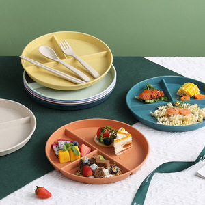 Plato de paja de trigo dividido, redondo, de color sólido, creativo, para frutas, para el desayuno en casa. - Product Image 2