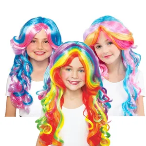 Pelucas de cosplay para niños, pelo humano ondulado de arcoíris, de moda, para Halloween